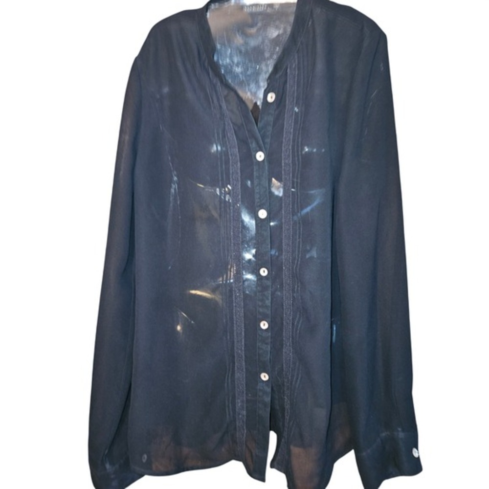 Live Life by Sanctuary Black Sheer Tuxedo Pleated Button Down Blouse Large L